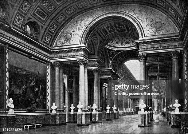 stockillustraties, clipart, cartoons en iconen met galerie des batailles in het chateau de versailles in versailles, frankrijk - 19e eeuw - versailles