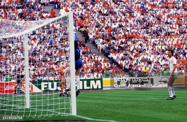 Marco Van Basten of Netherland scores his team second goal during the UEFA European Championship Final 1988 match before Soviet Union and Netherlands...