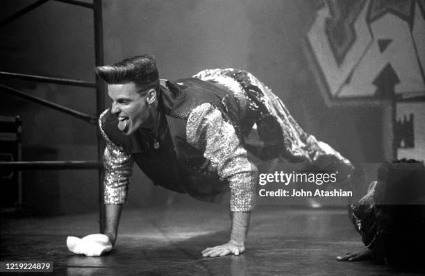 Rapper Robert Van Winkle, known professionally as Vanilla Ice is shown performing on stage during a "live" concert appearance on March 15, 1991.