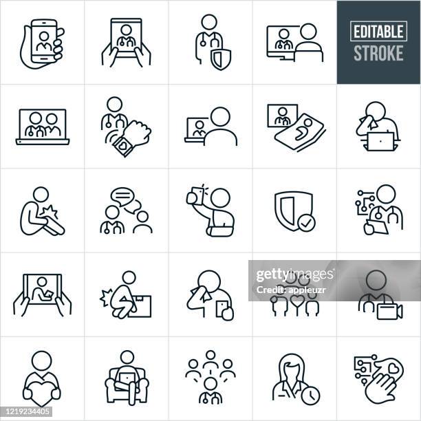 ilustraciones, imágenes clip art, dibujos animados e iconos de stock de iconos de línea fina de telemedicina - trazo editable - medico