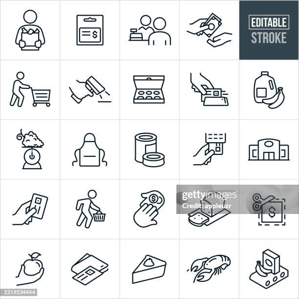 lebensmittel-shopping dünne linie icons - editierbare strich - einzelhandelsberuf stock-grafiken, -clipart, -cartoons und -symbole