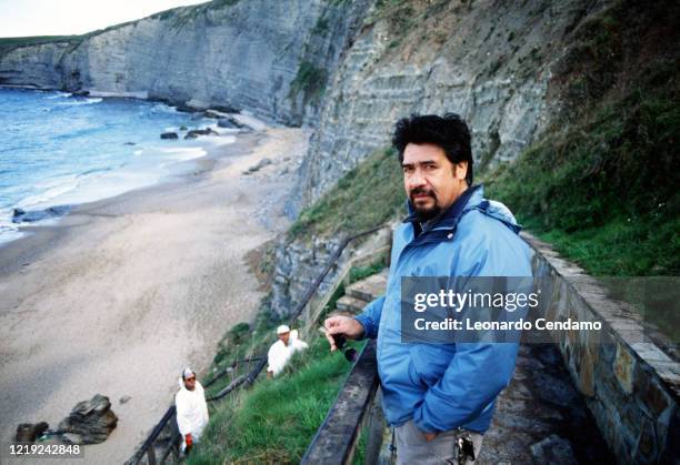 Chilean writer Luis Sepulveda near cliffs, Gijon, 11th April 2003.
