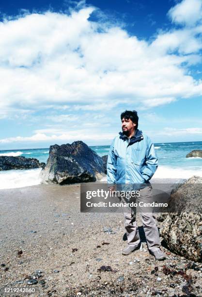 Chilean writer Luis Sepulveda on a beach, Gijon, 11th April 2003.