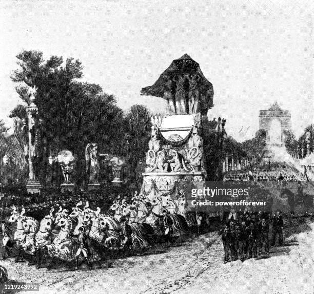 napoleon's funeral carriage passes along the champs-élysées in paris, france by louis-julien jacottet - 19th century - funeral stock illustrations