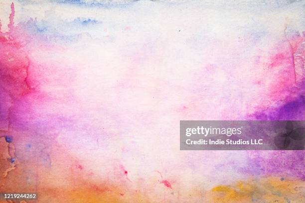 blue, pink, purple multi-layered watercolor paint background on raw canvas - multi layered effect stock-fotos und bilder