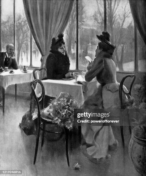 stockillustraties, clipart, cartoons en iconen met twee vrienden van edgar de saint-pierre de montzaigle - 19e eeuw - afternoon tea