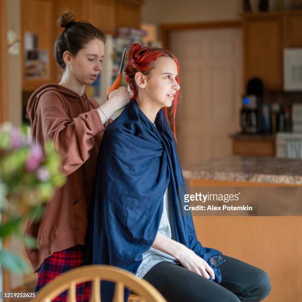 older sister cutting her younger sister's hair in the home kitchen. - alex potemkin coronavirus stock pictures, royalty-free photos & images
