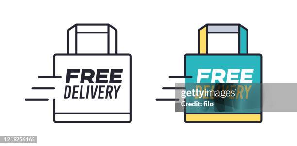 illustrazioni stock, clip art, cartoni animati e icone di tendenza di shopping bag consegna gratuita - cibo da asporto