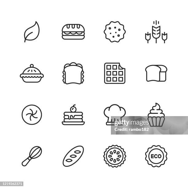 ilustrações, clipart, desenhos animados e ícones de ícones da linha padaria. curso editável. pixel perfeito. para mobile e web. contém ícones como padaria, comida, restaurante, pizza, bolo, pão, hambúrguer, sanduíche, panqueca, rosquinha, torta de maçã, biscoito, sobremesa. - pastry dough