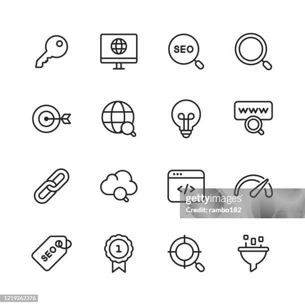 seo - suchmaschinenoptimierung sendelinien-icons. bearbeitbarer strich. pixel perfekt. für mobile und web. enthält symbole wie - seo, suchmaschinenoptimierung, marketing, internet, geschäftsstrategie, e-commerce, social media, big data, technologie. - www stock-grafiken, -clipart, -cartoons und -symbole