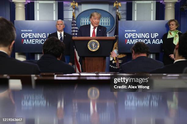 President Donald Trump speaks as Vice President Mike Pence and White House coronavirus response coordinator Deborah Birx listen during the daily...