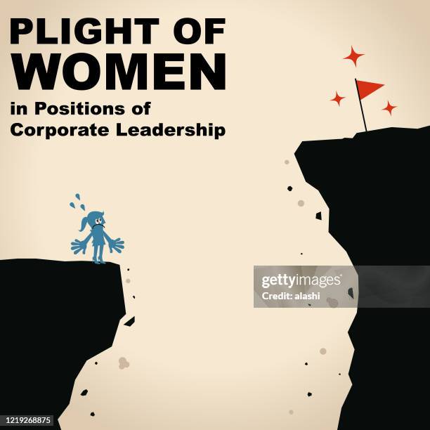 businesswoman standing on the edge of the cliff and looking the red flag in opposite side is thinking about how to cross over the cliff, women in business, women in leadership, glass ceiling, employment discrimination - glass ceiling vector stock illustrations