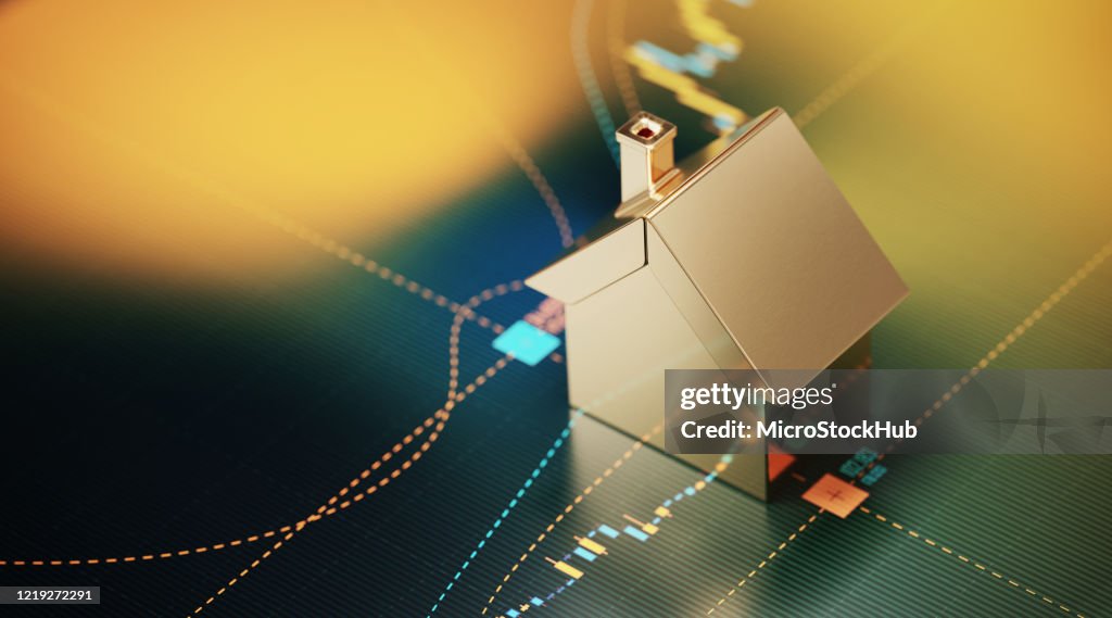 House Symbol Sitter över en bar graf - aktiemarknaden och fastigheter Concept