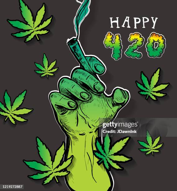 stockillustraties, clipart, cartoons en iconen met gelukkig het ontwerp van de vieringsgroet van de cannabis 420 met hand die een verbinding houdt - joint