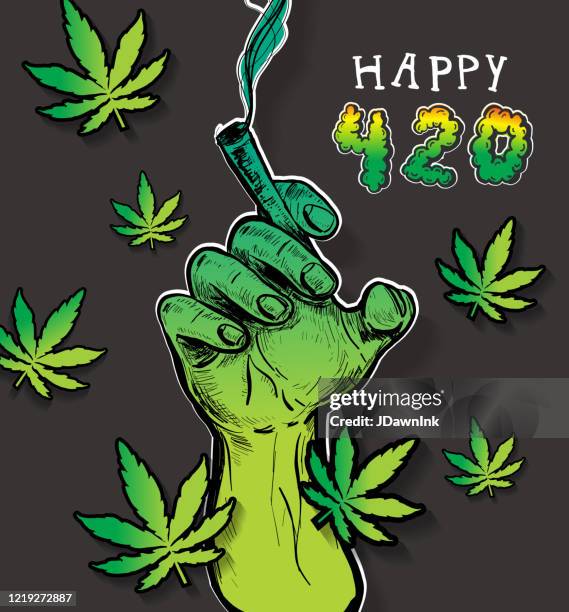 happy cannabis 420 celebration greeting design with hand holding a joint - cannabis plant stock illustrations