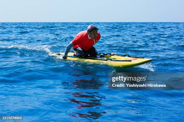 life saver paddling on rescue board - surf life saving stockfoto's en -beelden