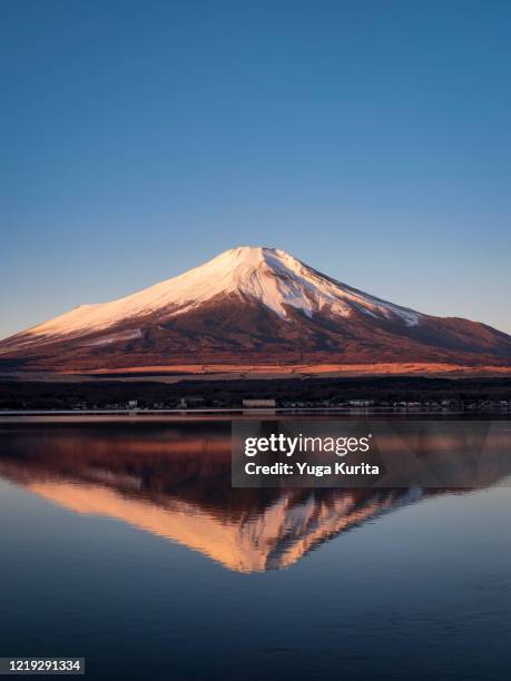 mt. fuji reflected in lake yamanaka - yamanakako photos et images de collection