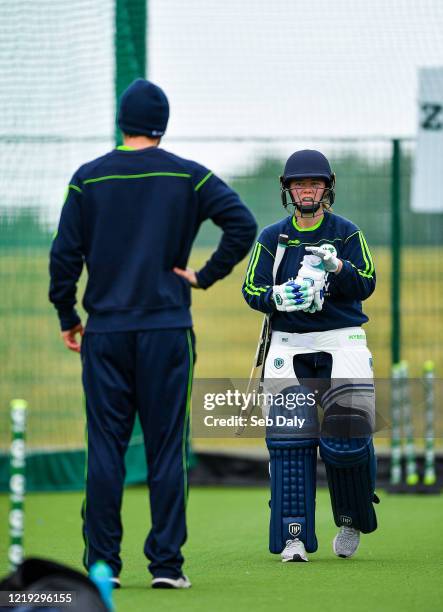 Dublin , Ireland - 11 June 2020; Laura Delany, right, and head coach of Ireland Womens team Ed Joyce during a training session at the Cricket Ireland...