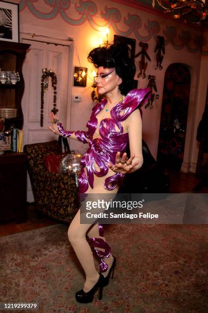 Susanne Bartsch does a twirl at home while she hosts her 'ONTOP' ONLINE party via ZOOM on April 16, 2020 in New York City.