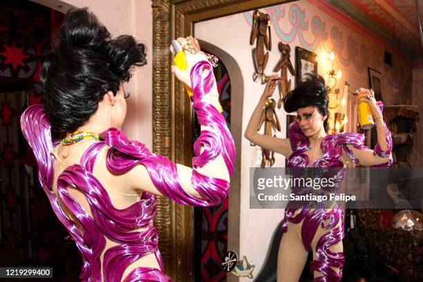 Susanne Bartsch gets ready at home before her 'ONTOP' ONLINE party via ZOOM on April 16, 2020 in New York City.