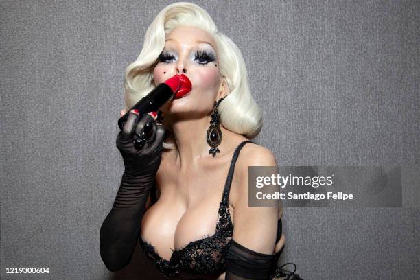 New York night life icon Amanda Lepore poses for photos while hosting Susanne Bartsch's 'ONTOP' ONLINE via ZOOM on April 16, 2020 in New York City.