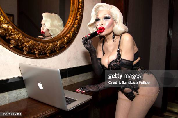 New York night life icon Amanda Lepore poses for photos while hosting Susanne Bartsch's 'ONTOP' ONLINE via ZOOM on April 16, 2020 in New York City.