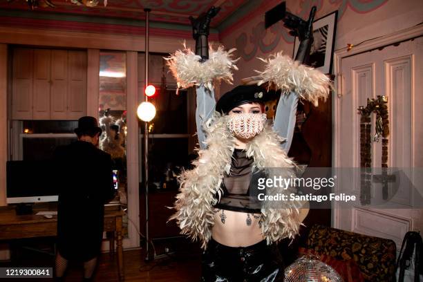 Caroline Caldwell poses for photos while hosting Susanne Bartsch's 'ONTOP' ONLINE via ZOOM on April 16, 2020 in New York City.