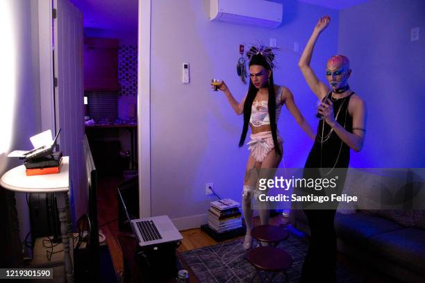 Mateo Alexander Palacio and Ryan Burke host Susanne Bartsch's 'ONTOP' ONLINE at home via ZOOM on April 16, 2020 in New York City.