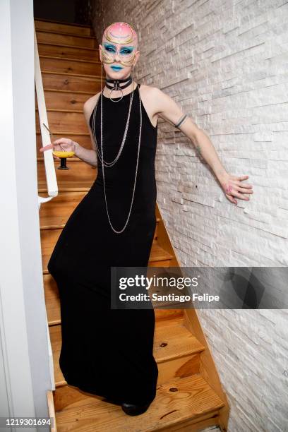 Ryan Burke poses for photos while he hosts Susanne Bartsch's 'ONTOP' ONLINE at home via ZOOM on April 16, 2020 in New York City.