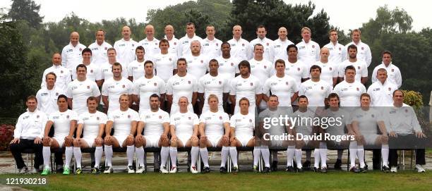 Front row, John Wells, forwards coach, Shontayne Hape, Mark Cueto, James Haskell, Nick Easter, Mike Tindall, Lewis Moody, captain, Jonny Wilkinson,...