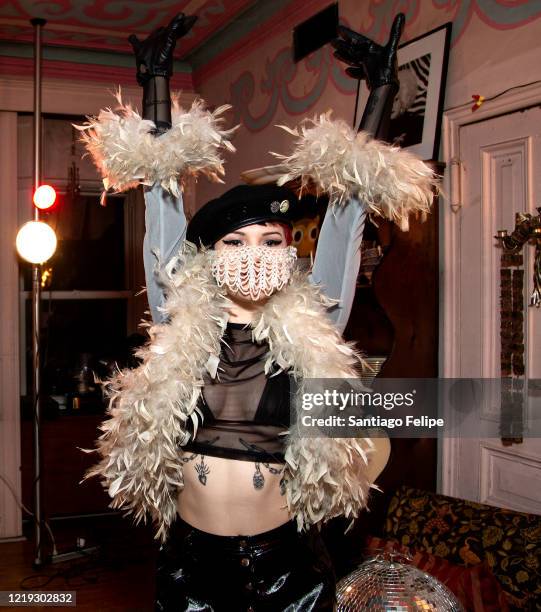 Caroline Caldwell poses for photos while hosting Susanne Bartsch's 'ONTOP' ONLINE via ZOOM on April 16, 2020 in New York City.