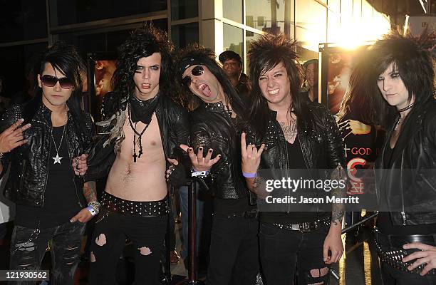 Band Black Veil Brides arrive at the screening of "God Bless Ozzy Osbourne" to benefit the Musicares Map Fund on August 22, 2011 in Hollywood,...