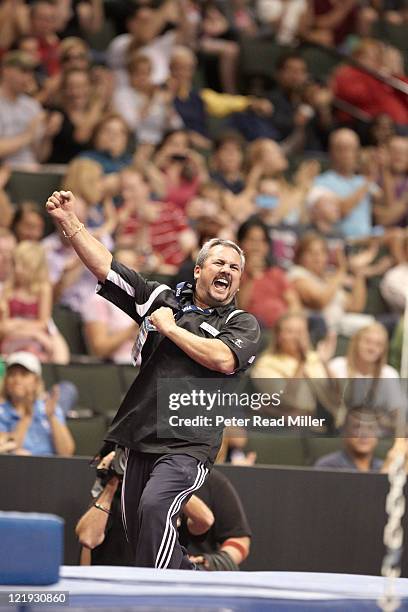 Visa Championships: Universal Gymnastics coach Yin Alvarez emoting during Senior Men's Competition - Final Day routine of his step-son Danell Leyva...