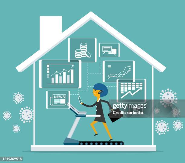 covid-19 bleiben sie zu hause und trainieren sie - geschäftsfrau - fitnessraum stock-grafiken, -clipart, -cartoons und -symbole