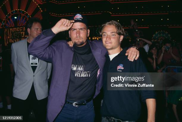 American actor Charlie Sheen and American actor Chad Allen attend the opening of Planet Hollywood, at Caesar's Palace in Las Vegas, Nevada, 24th July...