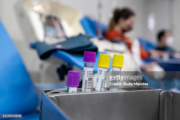 Detail of vials with blood samples at Hemorio amidst the coronavirus pandemic on June 5, 2020 in Rio de Janeiro, Brazil. Hemorio is one of the...