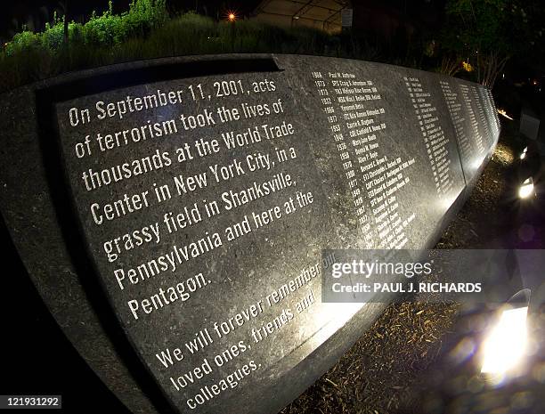 Memorial that is etched in stone is seen with the names of the 911 victims at the Pentagon Memorial, August 21 at the Pentagon in Washington, DC. It...