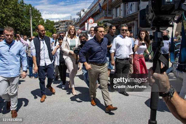 Alexis Tsipras the former Greek Prime Minister from 2015 to 2019 and Leader of the Opposition and left-wing party Syriza visits Evosmos,...