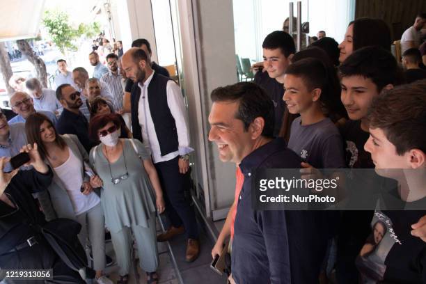 Alexis Tsipras the former Greek Prime Minister from 2015 to 2019 and Leader of the Opposition and left-wing party Syriza visits Evosmos,...