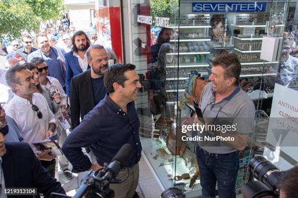 Alexis Tsipras the former Greek Prime Minister from 2015 to 2019 and Leader of the Opposition and left-wing party Syriza visits Evosmos,...