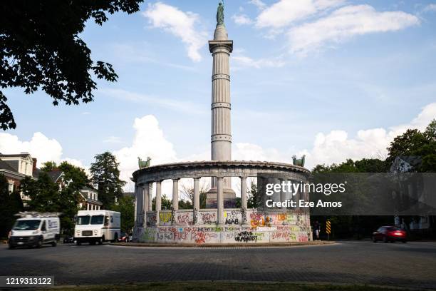 Statue of Jefferson Davis, the President of the Confederate States of America during the Civil War, is shown defaced with paint from ongoing...