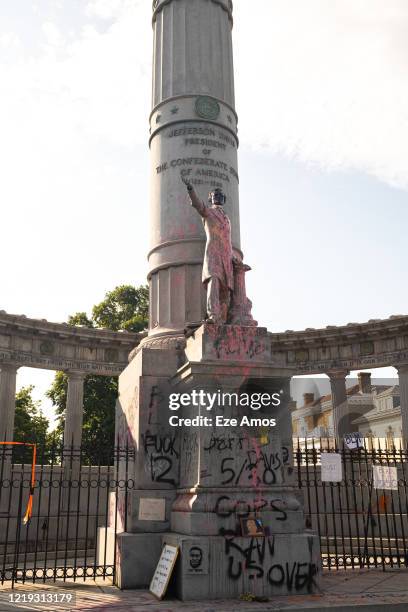 Statue of Jefferson Davis, the President of the Confederate States of America during the Civil War, is shown defaced with paint from ongoing...