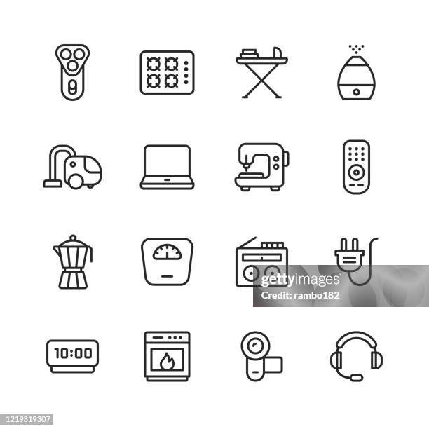 appliances line icons. editable stroke. pixel perfect. for mobile and web. contains such icons as shaver, ironing, oven, sewing machine, remote control, weight scale, headphones, clock, camera, vacuum cleaner. - ventilator machine stock illustrations