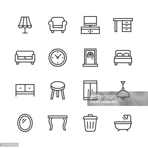 illustrations, cliparts, dessins animés et icônes de icônes de ligne de meubles. accident vasculaire cérébral modifiable. pixel parfait. pour mobile et web. contient des icônes telles que lampe, fauteuil, banc de télévision, bureau, sofa, couch, porte, lit, armoire, bain, table à manger, miroir. - chambre vide