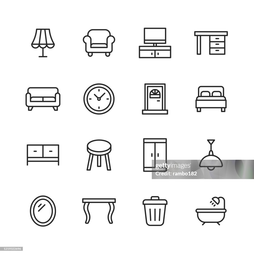 De Pictogrammen van de Lijn van het meubilair. Bewerkbare slag. Pixel Perfect. Voor mobiel en web. Bevat iconen zoals Lamp, Fauteuil, Tv Bench, Bureau, Bank, Bank, Bank, Deur, Bed, Garderobe, Bad, Eettafel, Spiegel.