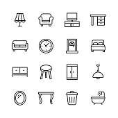 Furniture Line Icons. Editable Stroke. Pixel Perfect. For Mobile and Web. Contains such icons as Lamp, Armchair, Tv Bench, Desk, Sofa, Couch, Door, Bed, Wardrobe, Bath, Dining Table, Mirror.