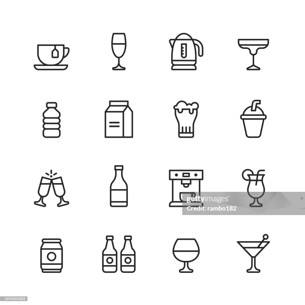 飲料和酒精線圖示。可編輯描邊。圖元完美。適用於行動和 Web。包含諸如茶,葡萄酒,雞尾酒,水,牛奶,啤酒,奶昔,香檳,咖啡機,海灘飲料,啤酒罐等圖示。