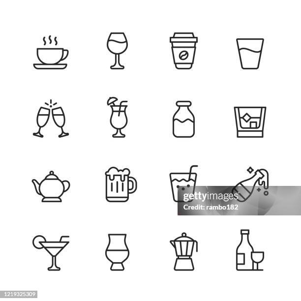 trinken und alkohol linie icons. bearbeitbarer strich. pixel perfekt. für mobile und web. enthält wie kaffee, wein, kaffeetasse, wasser, champagner, milch, whiskey, teekanne, bier, saft, champagnerflasche, margarita, alkohol, trinken. - macchiato stock-grafiken, -clipart, -cartoons und -symbole