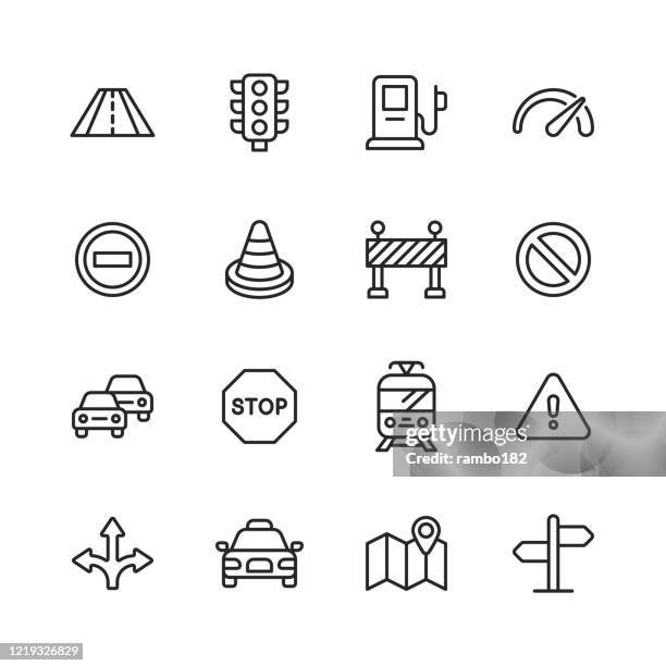 stockillustraties, clipart, cartoons en iconen met pictogrammen van de verkeerslijn. bewerkbare slag. pixel perfect. voor mobiel en web. bevat pictogrammen zoals weg, verkeerslicht, snelheidsmeter, stopteken, verkeerskegel, auto, voertuig, waarschuwingsbord, kaart, navigatie, taxi, benzinestation, tram. - oversteken