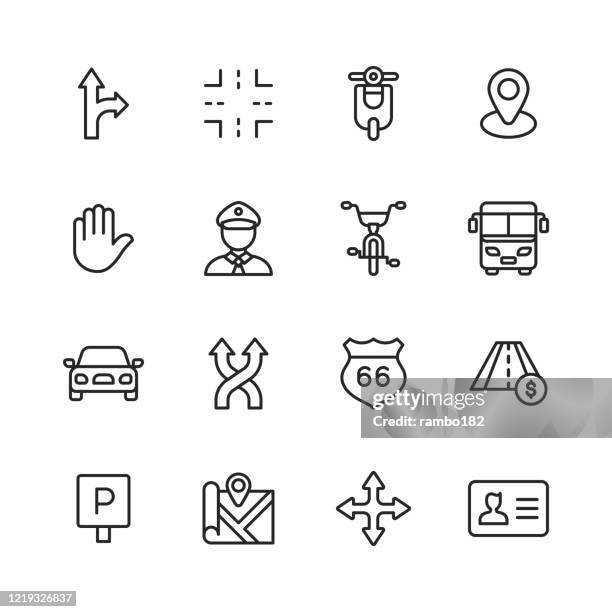 stockillustraties, clipart, cartoons en iconen met pictogrammen van de verkeerslijn. bewerkbare slag. pixel perfect. voor mobiel en web. bevat pictogrammen zoals kruising, motor, scooter, politieagent, weg, fiets, bus, auto, voertuig, weg, verkeersbord, parkerenteken, navigatie, kaart, rijbewijs, stopteken - card file